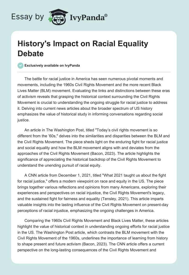 History's Impact on Racial Equality Debate. Page 1