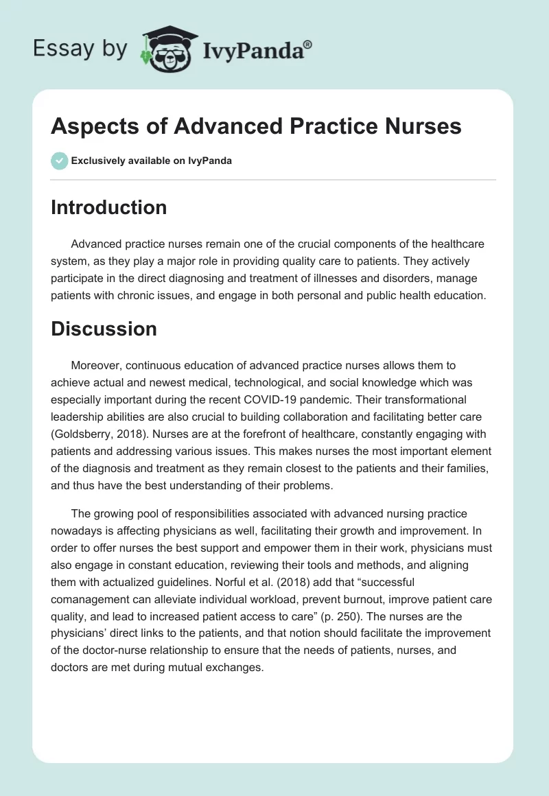 Aspects of Advanced Practice Nurses. Page 1