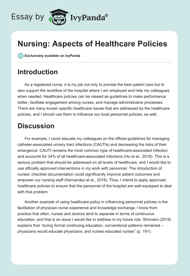 Nursing: Aspects of Healthcare Policies. Page 1