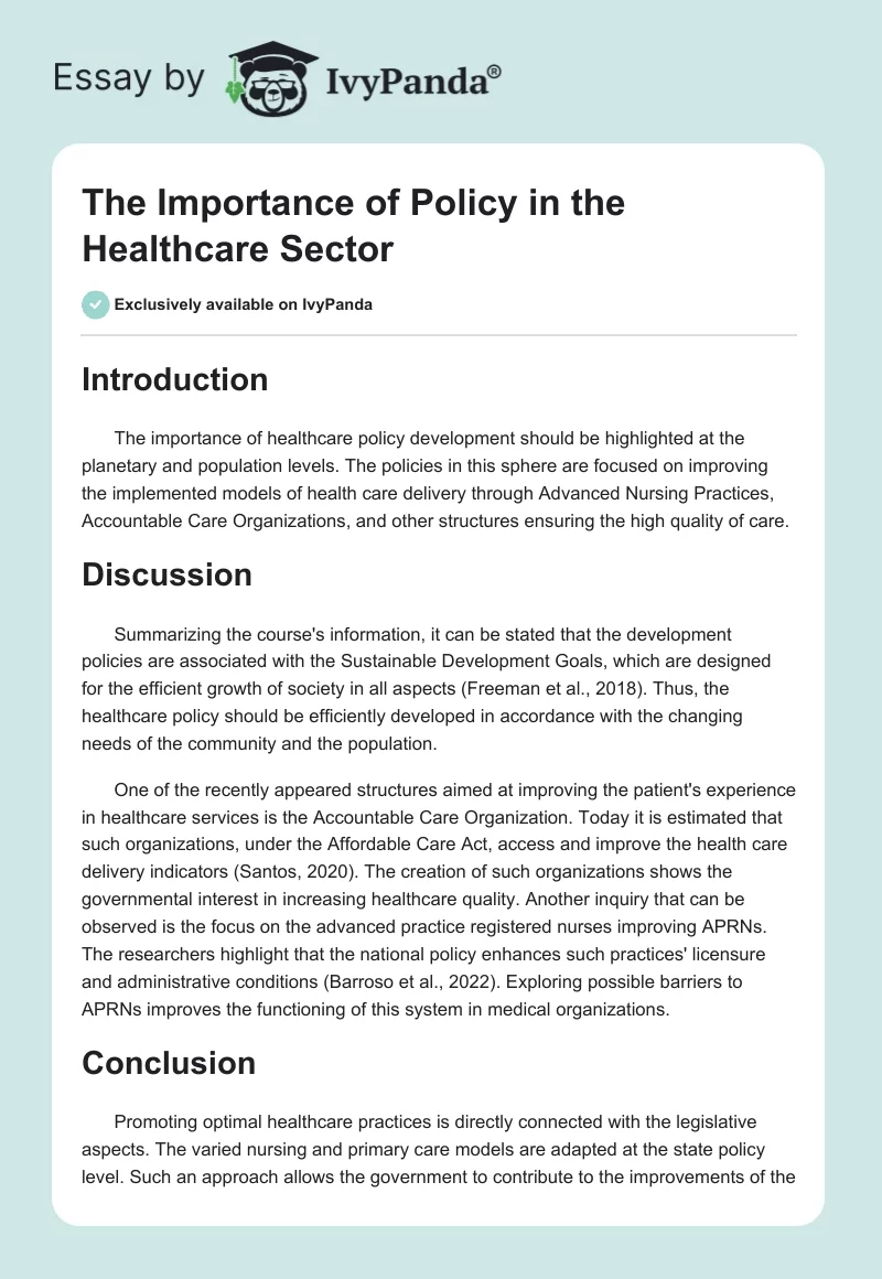 The Importance of Policy in the Healthcare Sector. Page 1