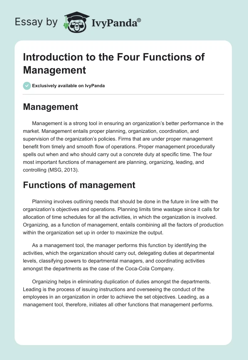 Introduction to the Four Functions of Management. Page 1