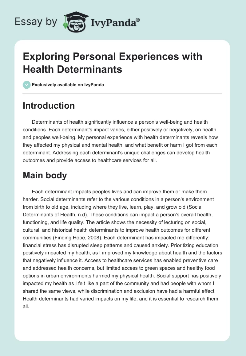 Exploring Personal Experiences with Health Determinants. Page 1