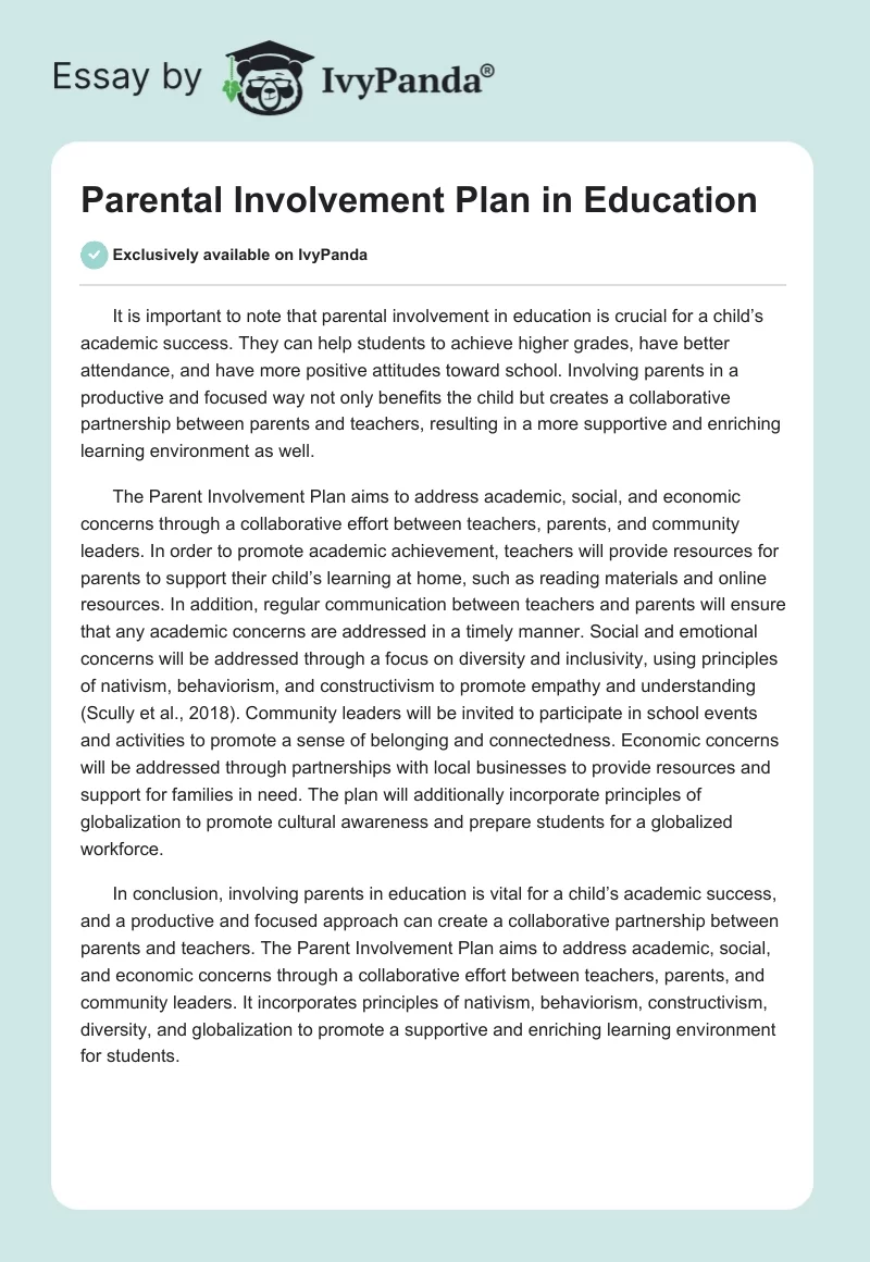Parental Involvement Plan in Education. Page 1