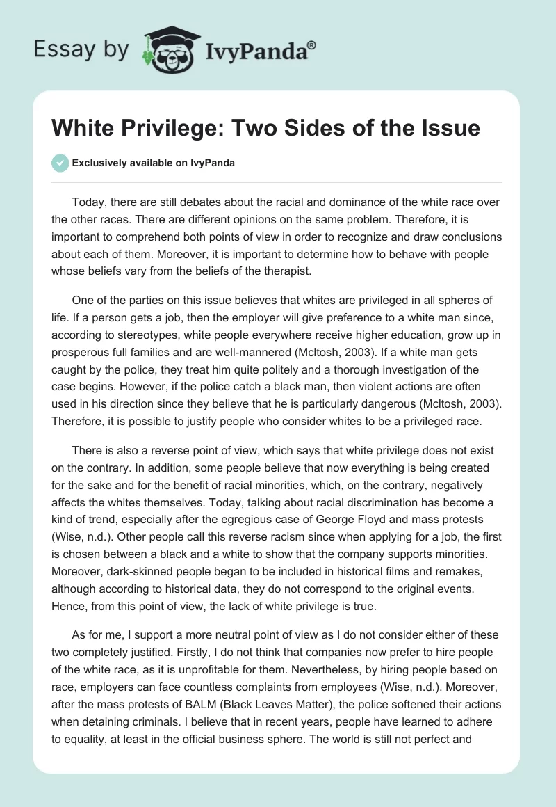 White Privilege: Two Sides of the Issue. Page 1