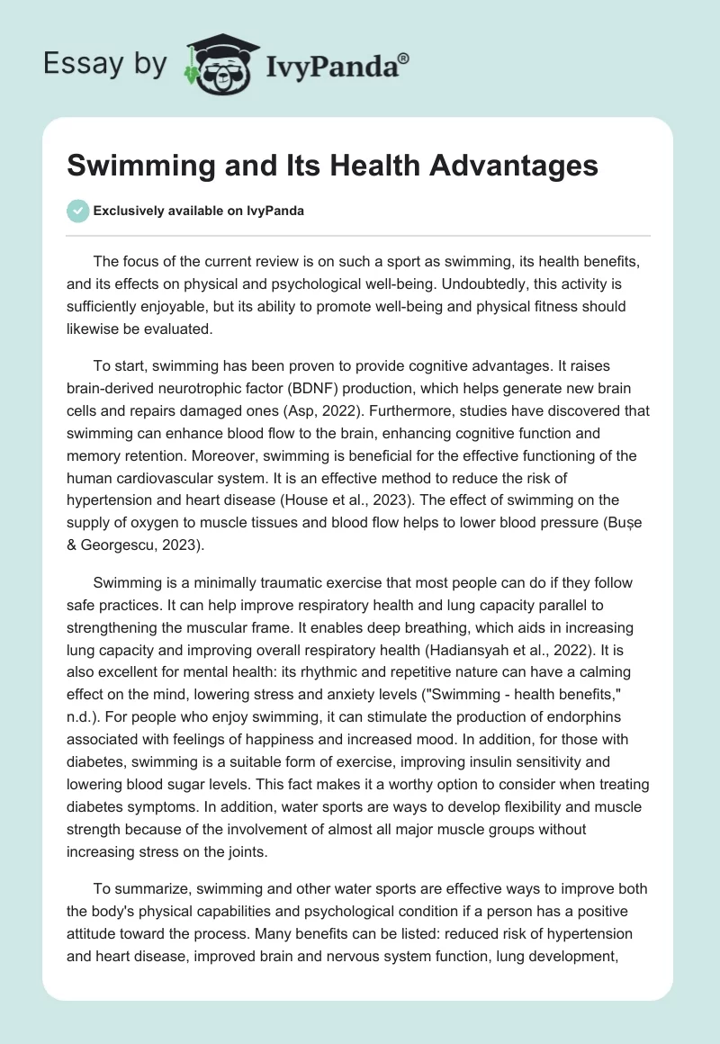 Swimming and Its Health Advantages. Page 1