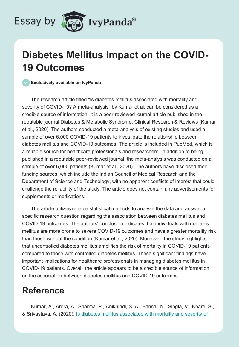 Diabetes Mellitus Impact on the COVID-19 Outcomes. Page 1