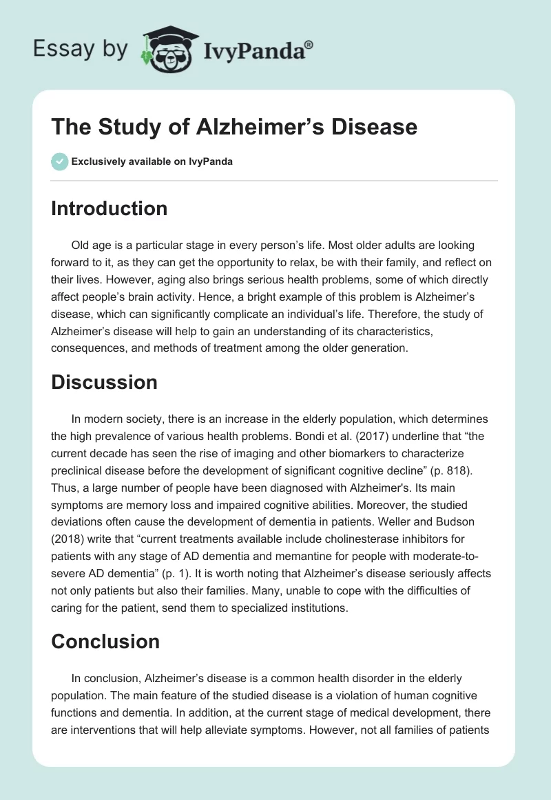 The Study of Alzheimer’s Disease. Page 1