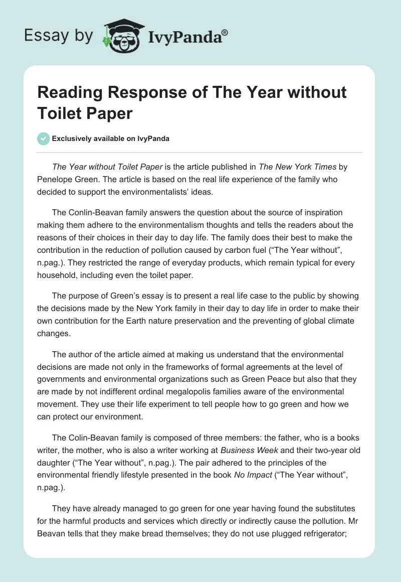 Reading Response of The Year without Toilet Paper. Page 1