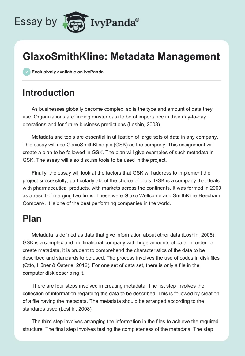 GlaxoSmithKline: Metadata Management. Page 1