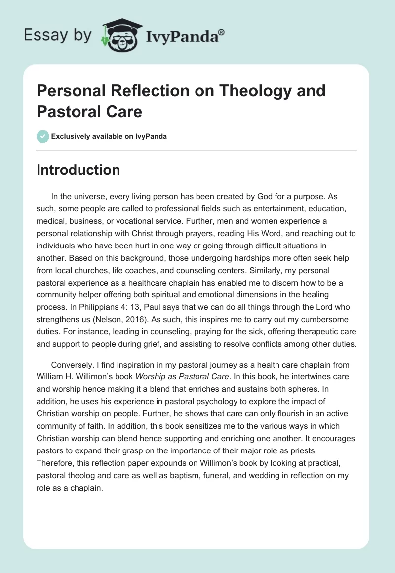 Personal Reflection on Theology and Pastoral Care. Page 1