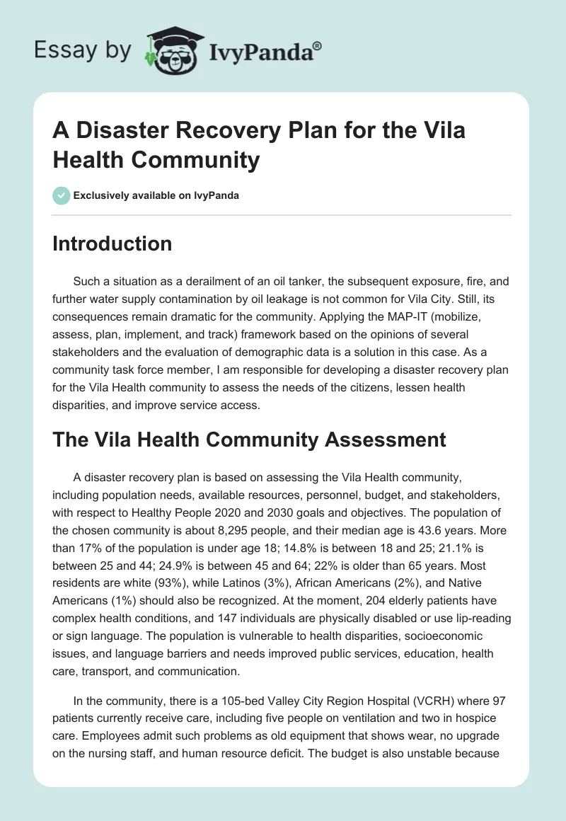 A Disaster Recovery Plan for the Vila Health Community. Page 1