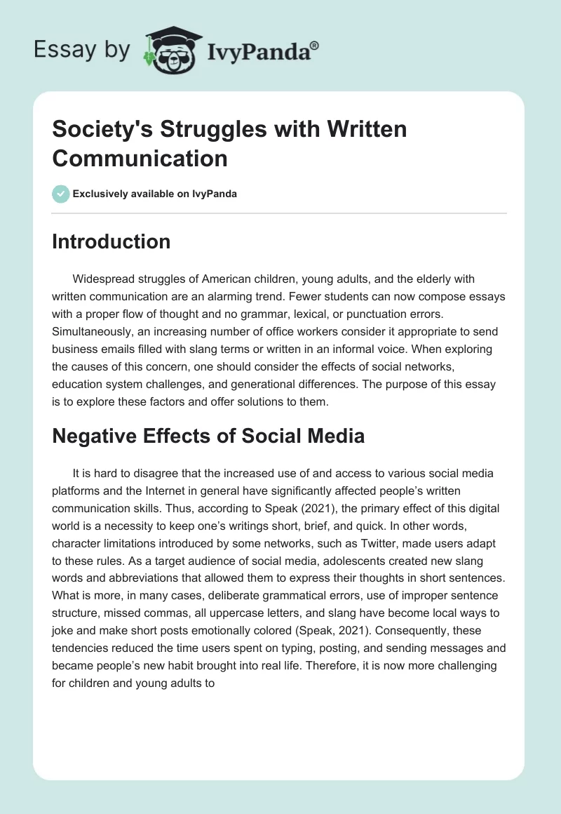 Society's Struggles with Written Communication. Page 1
