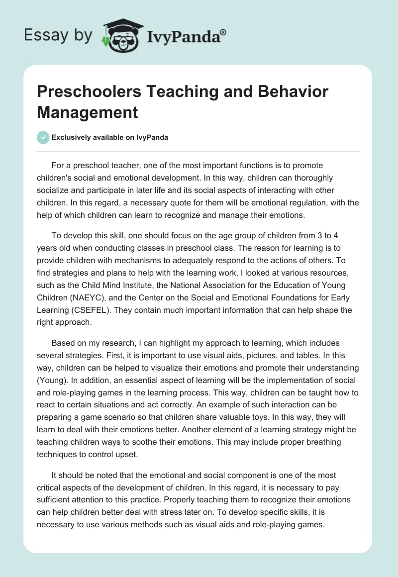 Preschoolers Teaching and Behavior Management. Page 1