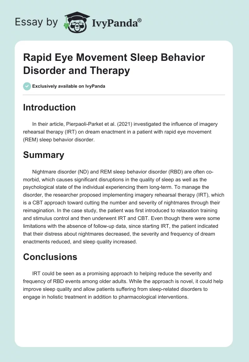 Rapid Eye Movement Sleep Behavior Disorder and Therapy. Page 1