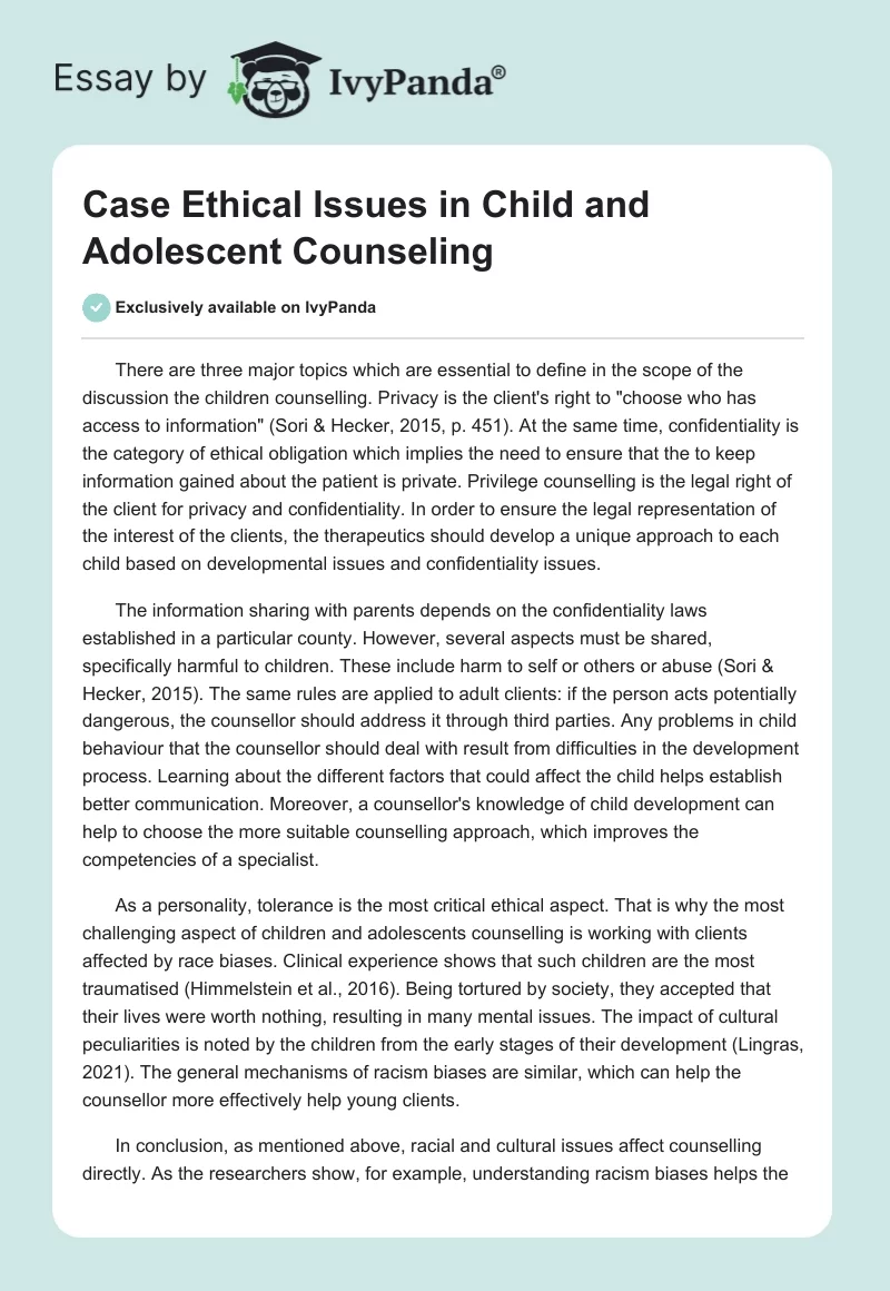 Case Ethical Issues in Child and Adolescent Counseling. Page 1