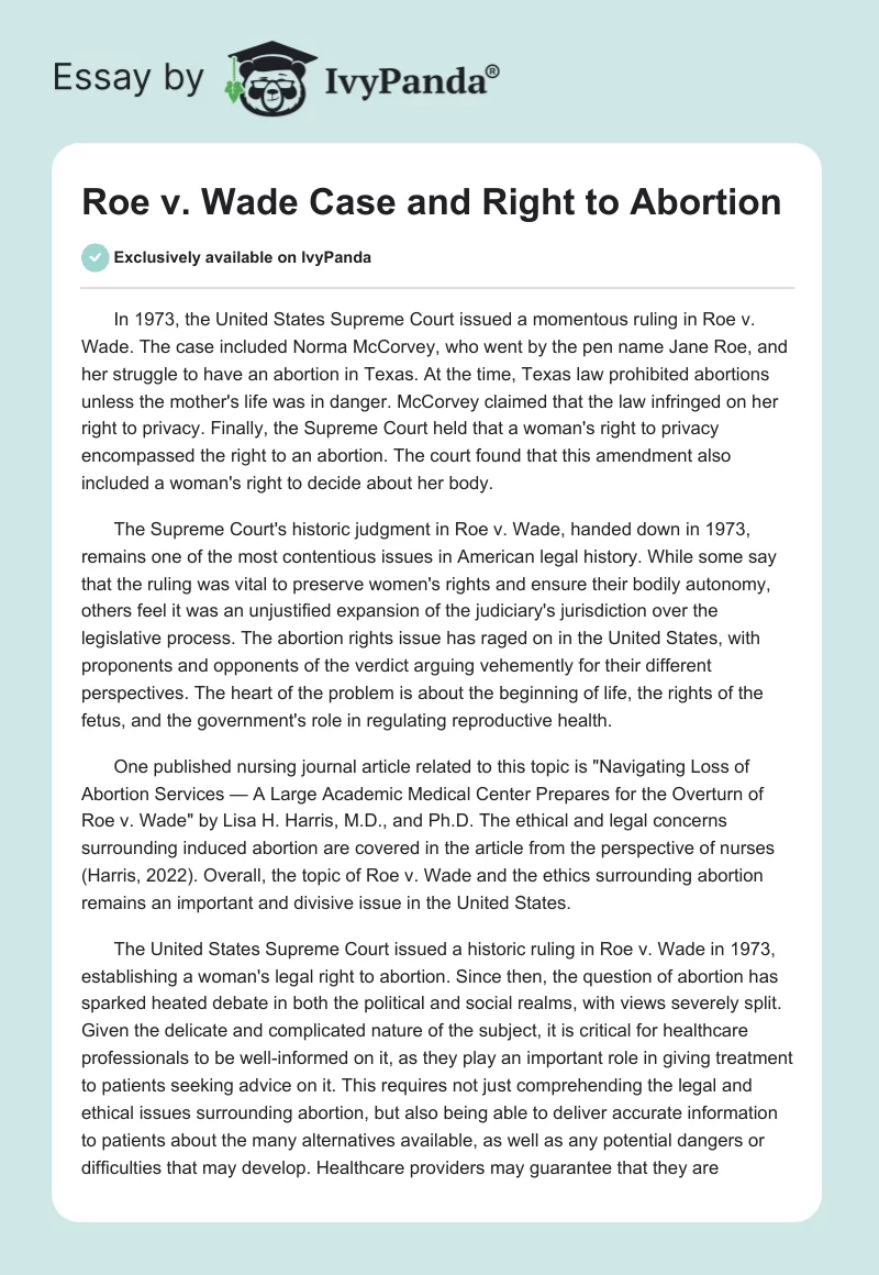 Roe v. Wade Case and Right to Abortion. Page 1