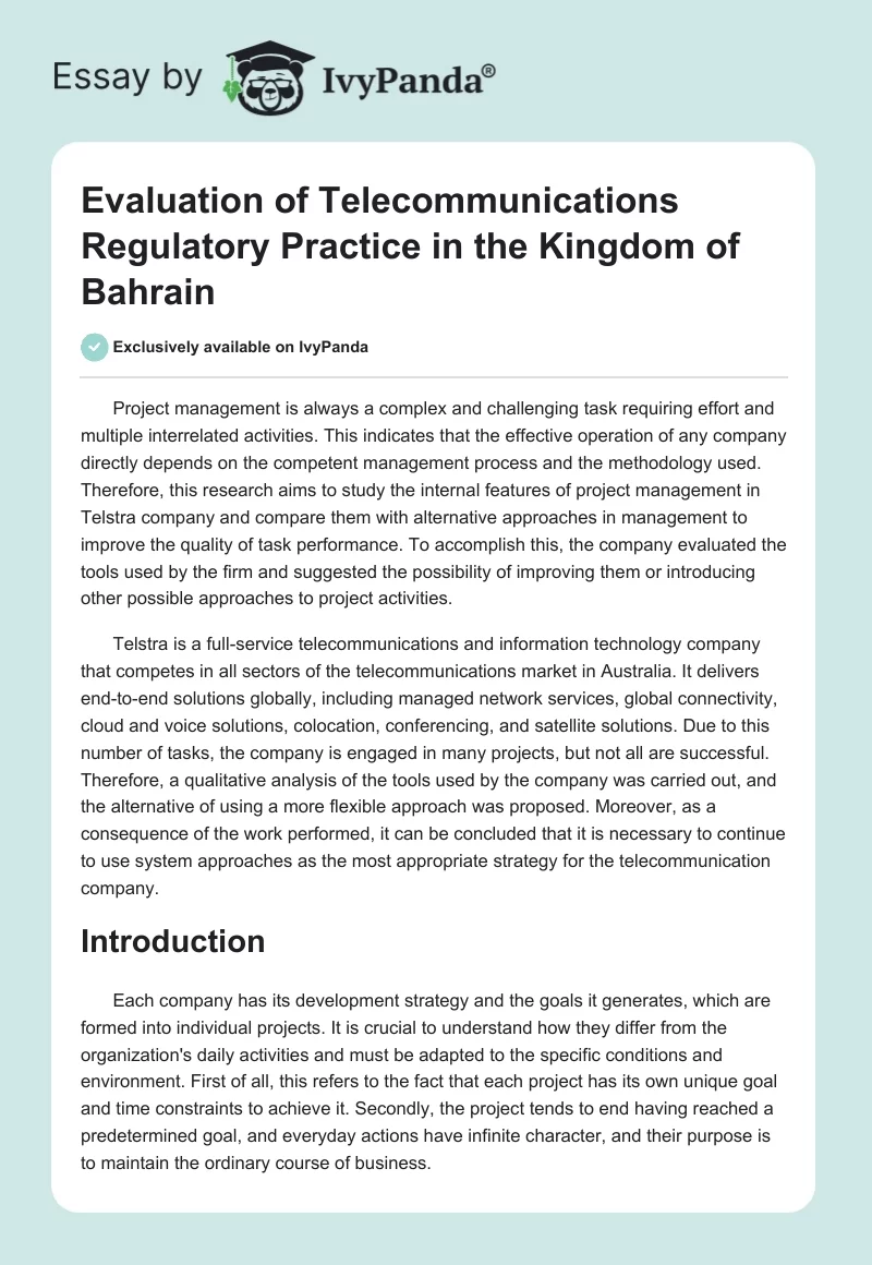 Evaluation of Telecommunications Regulatory Practice in the Kingdom of Bahrain. Page 1
