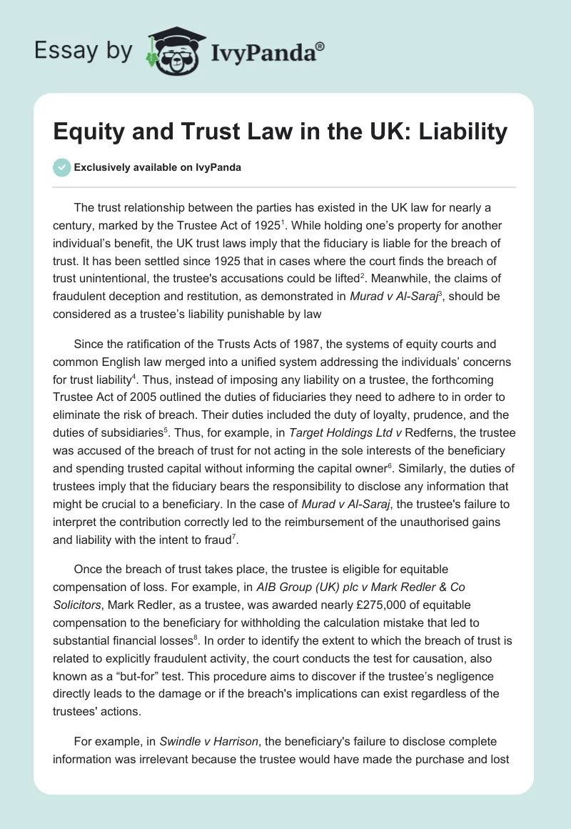 Equity and Trust Law in the UK: Liability. Page 1