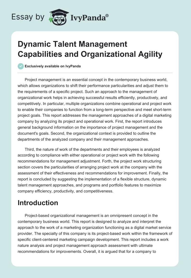 Dynamic Talent Management Capabilities and Organizational Agility. Page 1