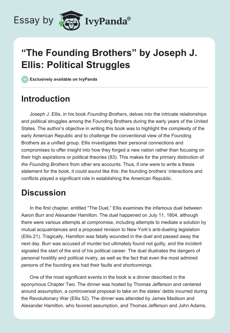“The Founding Brothers” by Joseph J. Ellis: Political Struggles. Page 1