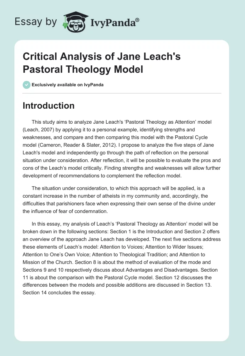 Critical Analysis of Jane Leach's Pastoral Theology Model. Page 1