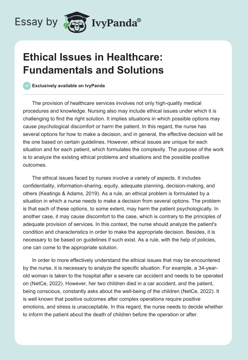 Ethical Issues in Healthcare: Fundamentals and Solutions. Page 1