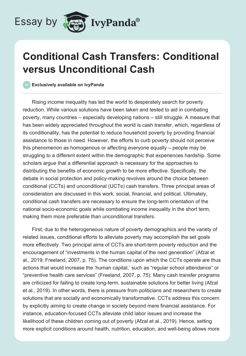 Conditional Cash Transfers: Conditional versus Unconditional Cash. Page 1
