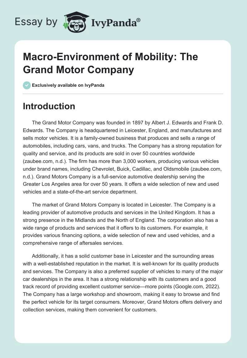 Macro-Environment of Mobility: The Grand Motor Company. Page 1