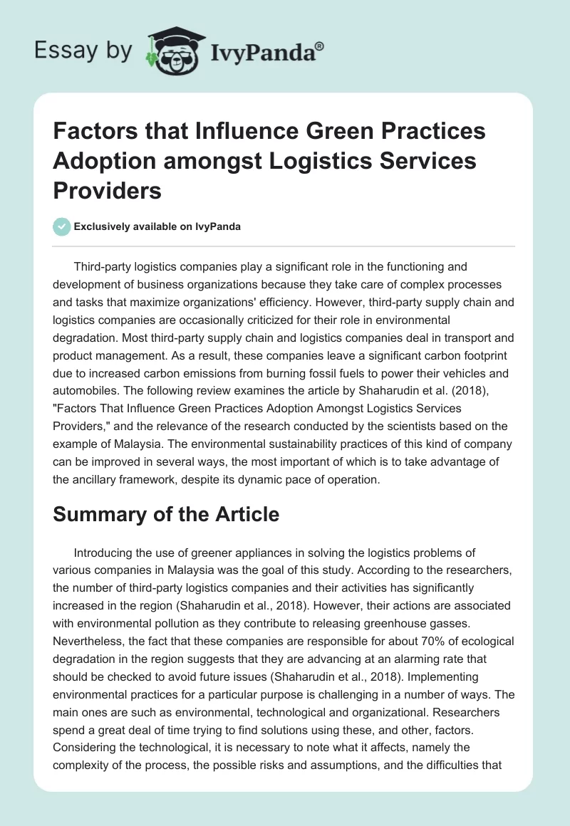 Factors that Influence Green Practices Adoption amongst Logistics Services Providers. Page 1
