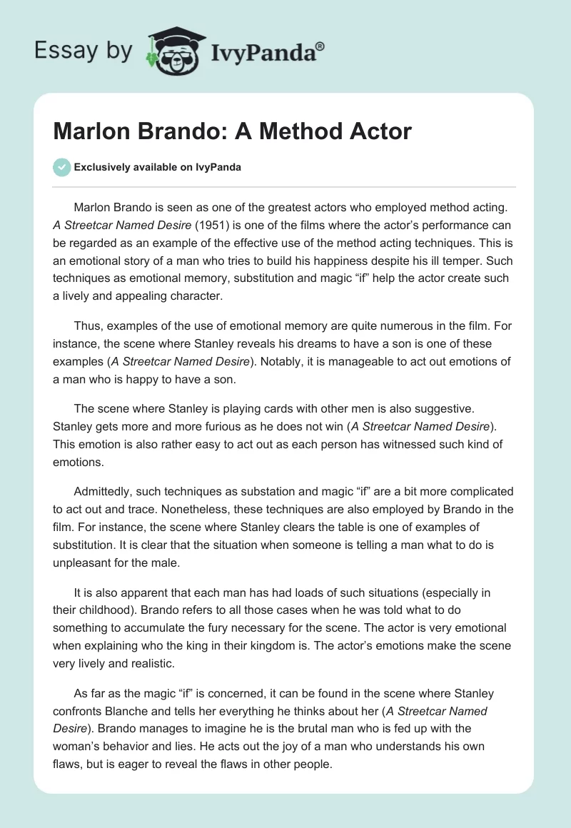 Marlon Brando: A Method Actor. Page 1