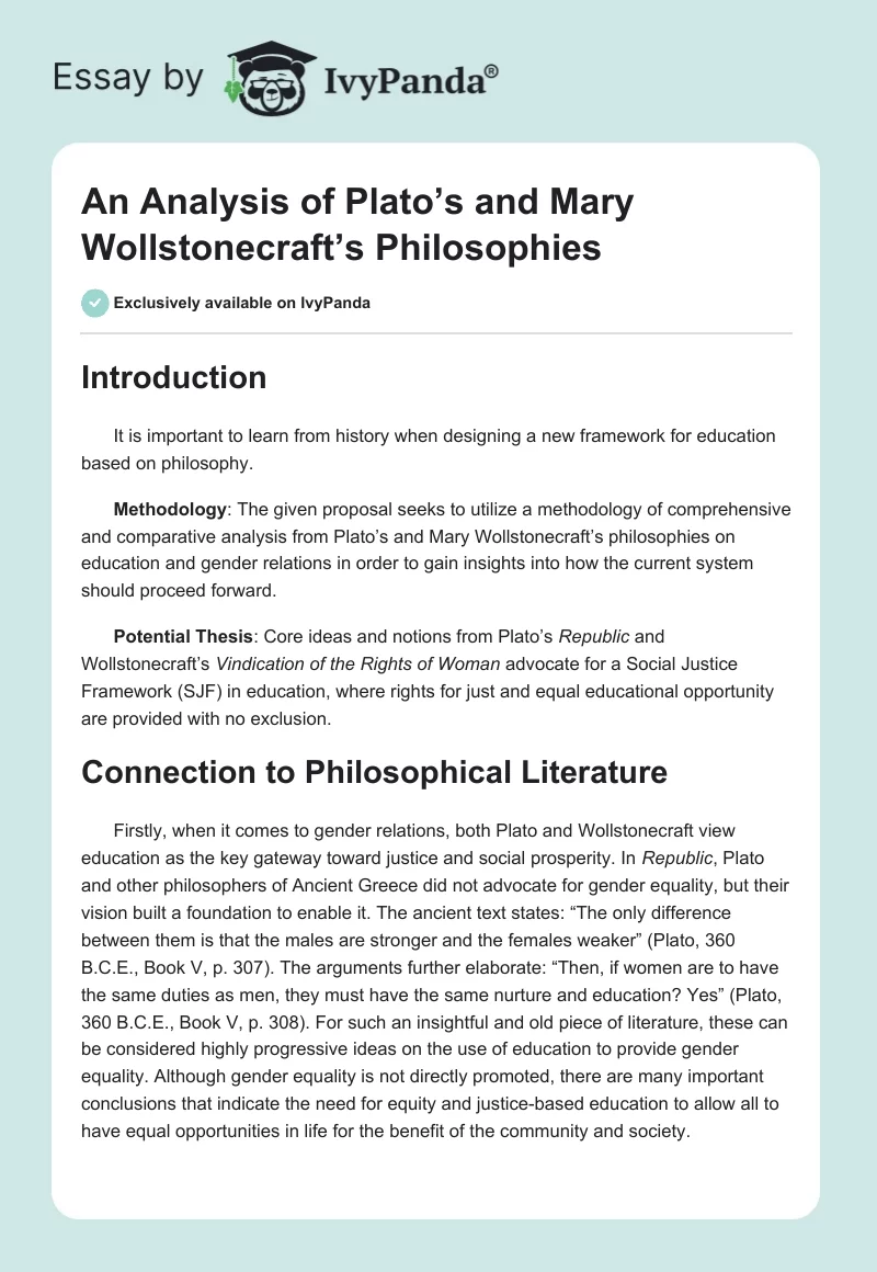 An Analysis of Plato’s and Mary Wollstonecraft’s Philosophies. Page 1