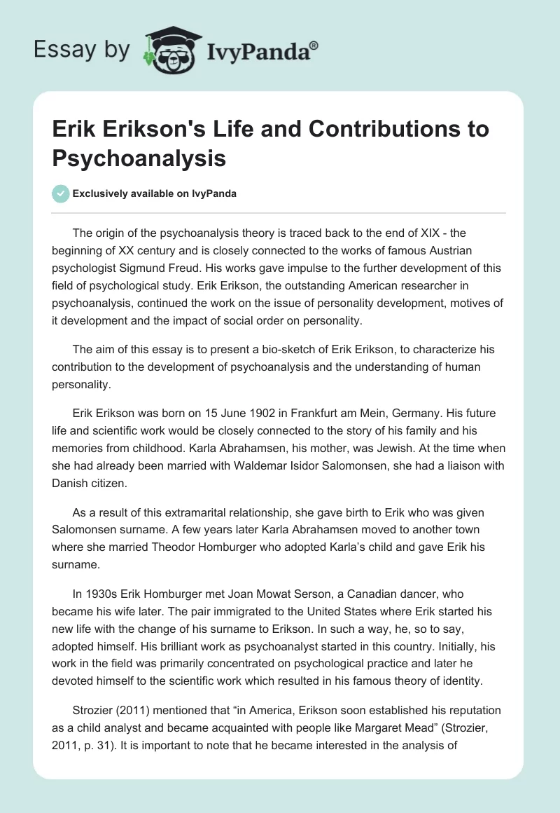 Erik Erikson's Life and Contributions to Psychoanalysis. Page 1