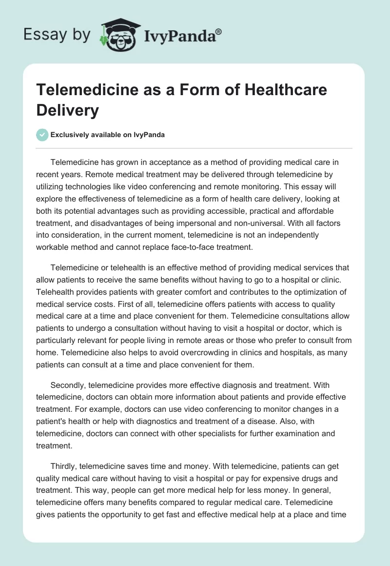 Telemedicine as a Form of Healthcare Delivery. Page 1