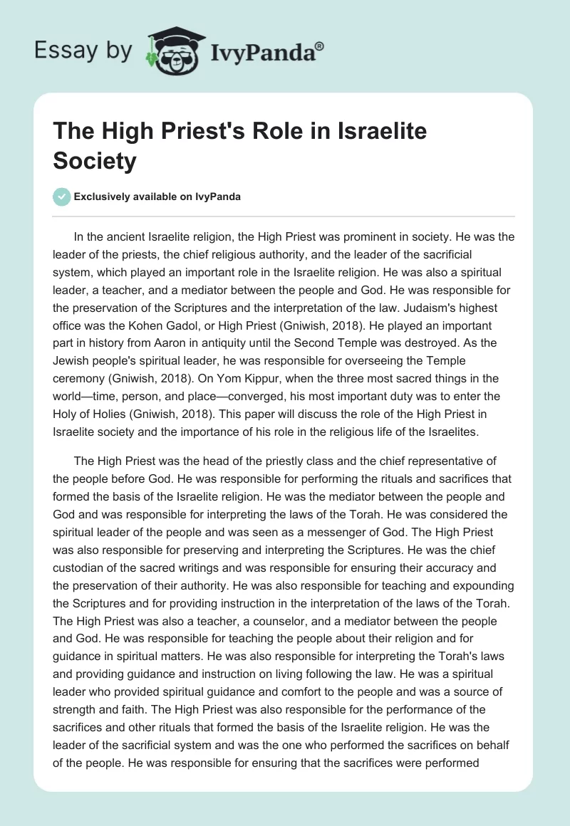 The High Priest's Role in Israelite Society. Page 1
