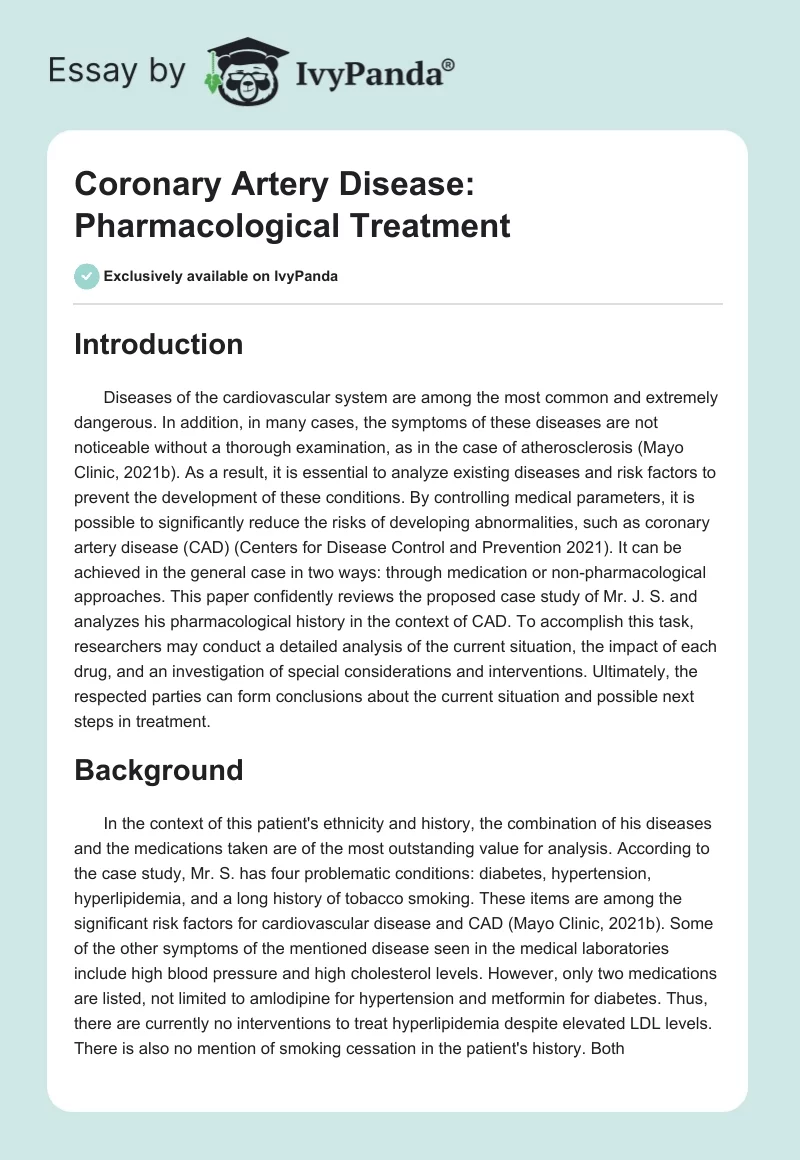 Coronary Artery Disease: Pharmacological Treatment. Page 1