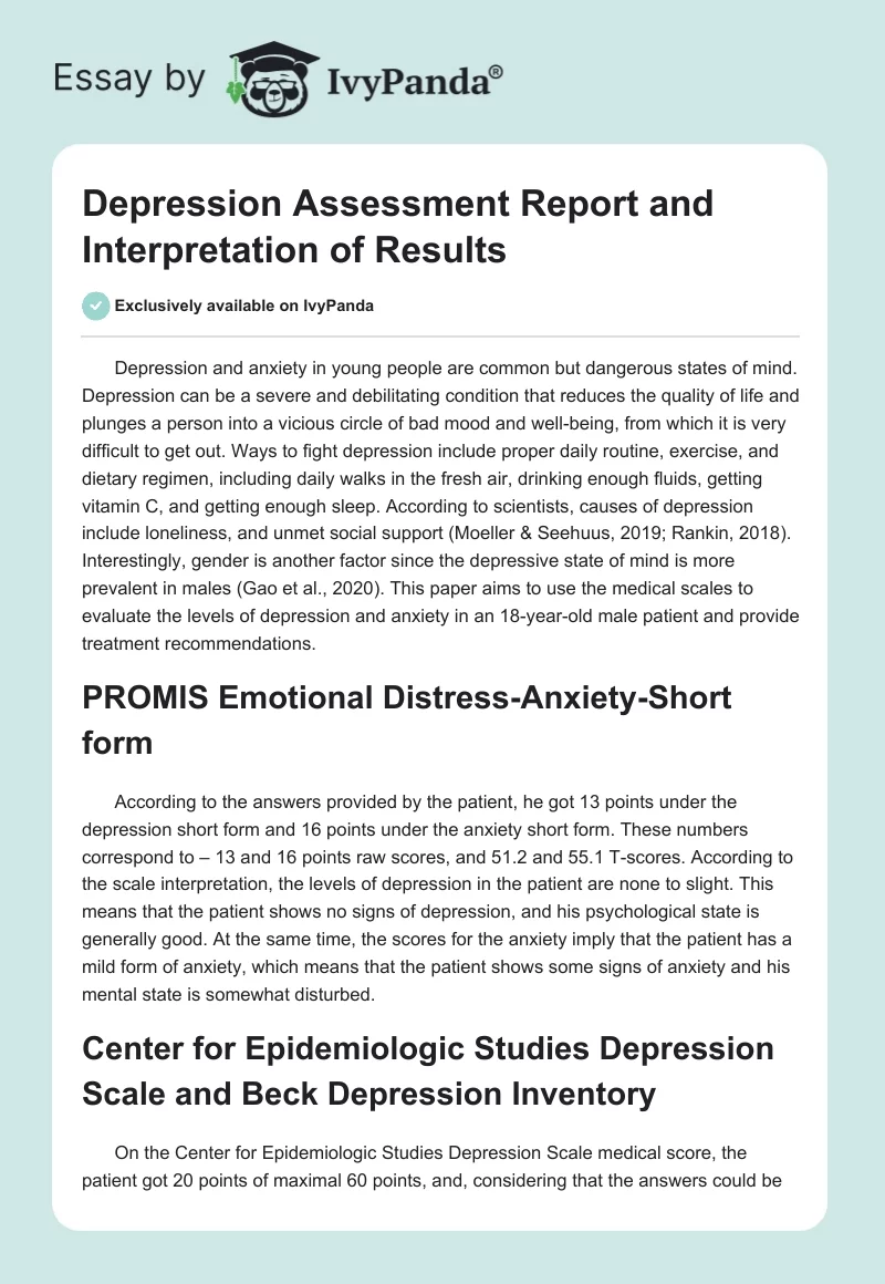 Depression Assessment Report and Interpretation of Results. Page 1