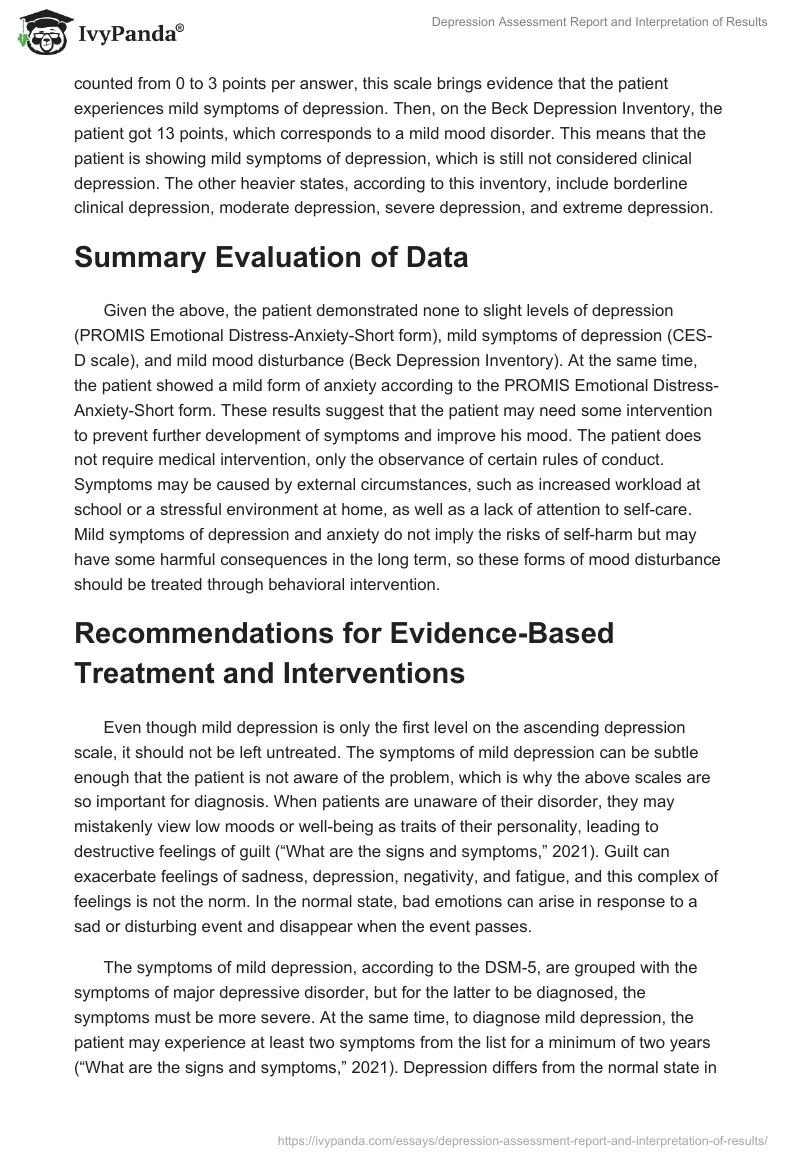 Depression Assessment Report and Interpretation of Results. Page 2