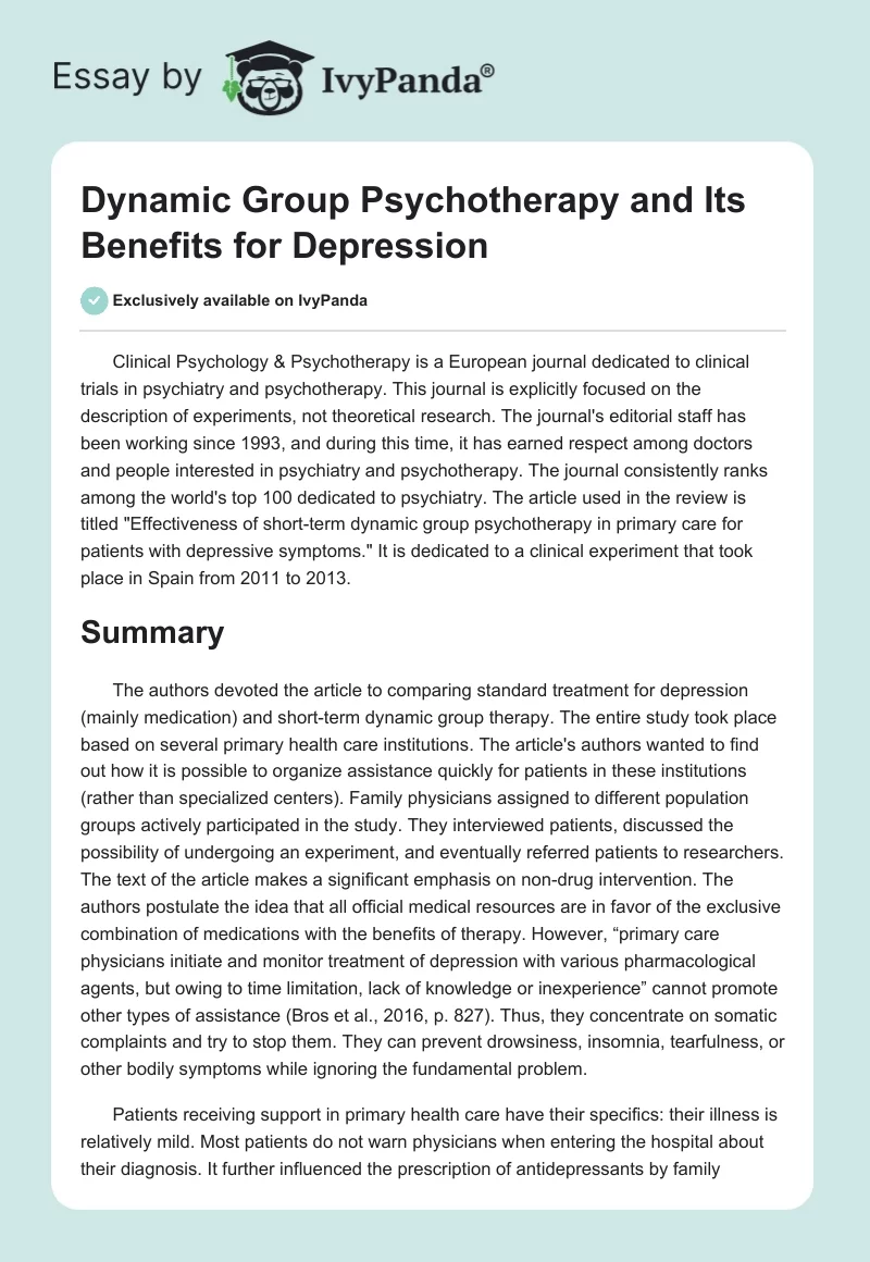 Dynamic Group Psychotherapy and Its Benefits for Depression. Page 1