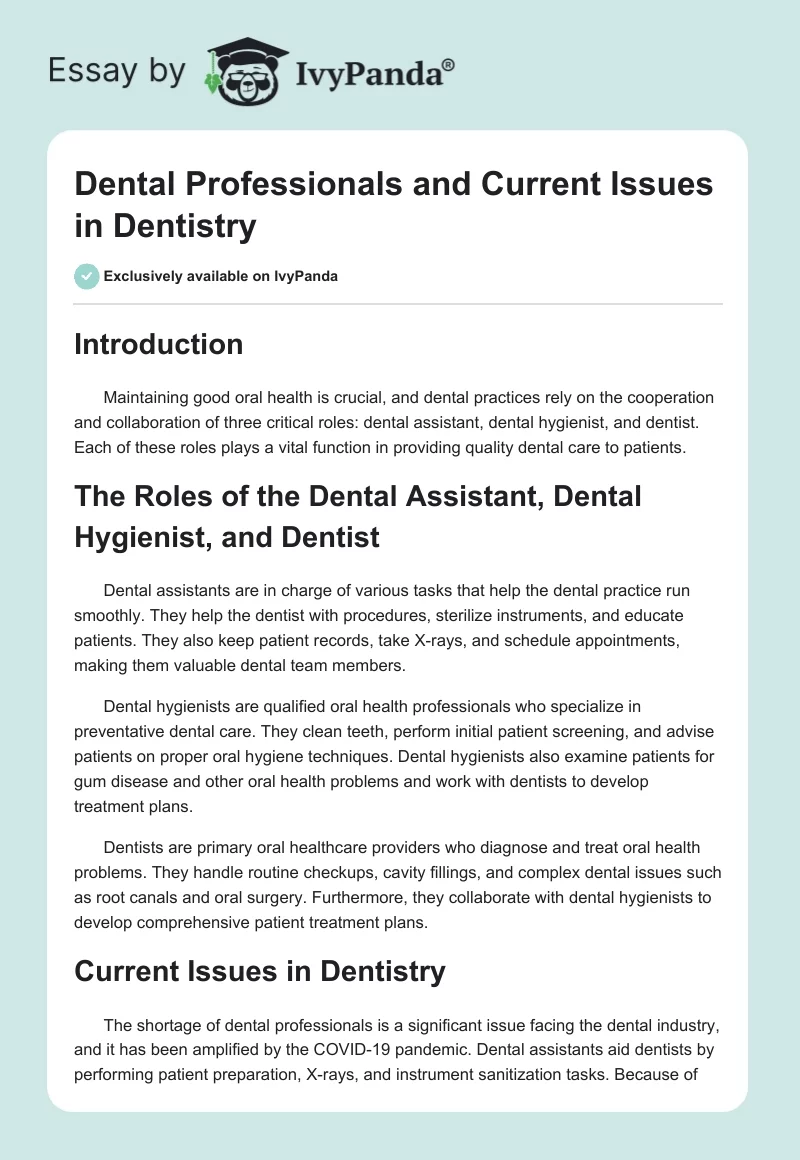 Dental Professionals and Current Issues in Dentistry. Page 1