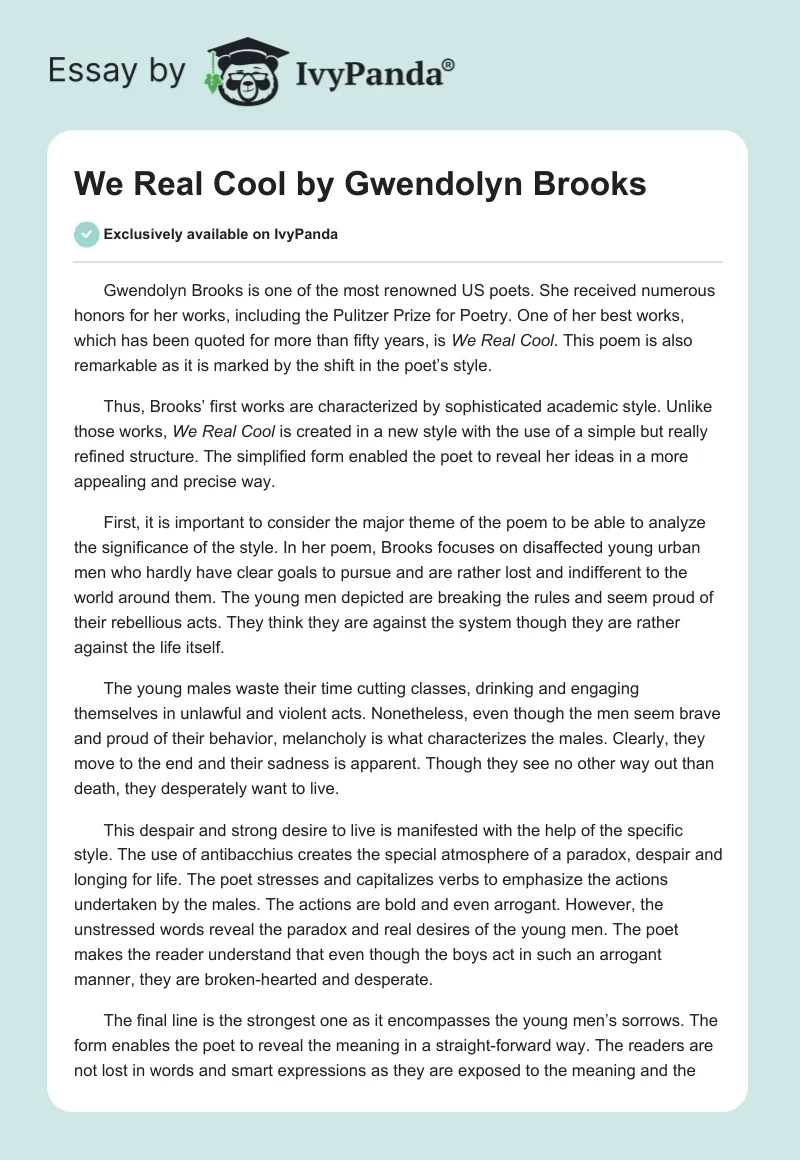 A Close Look at ‘We Real Cool’ - Exploring Rebellion and Mortality. Page 1