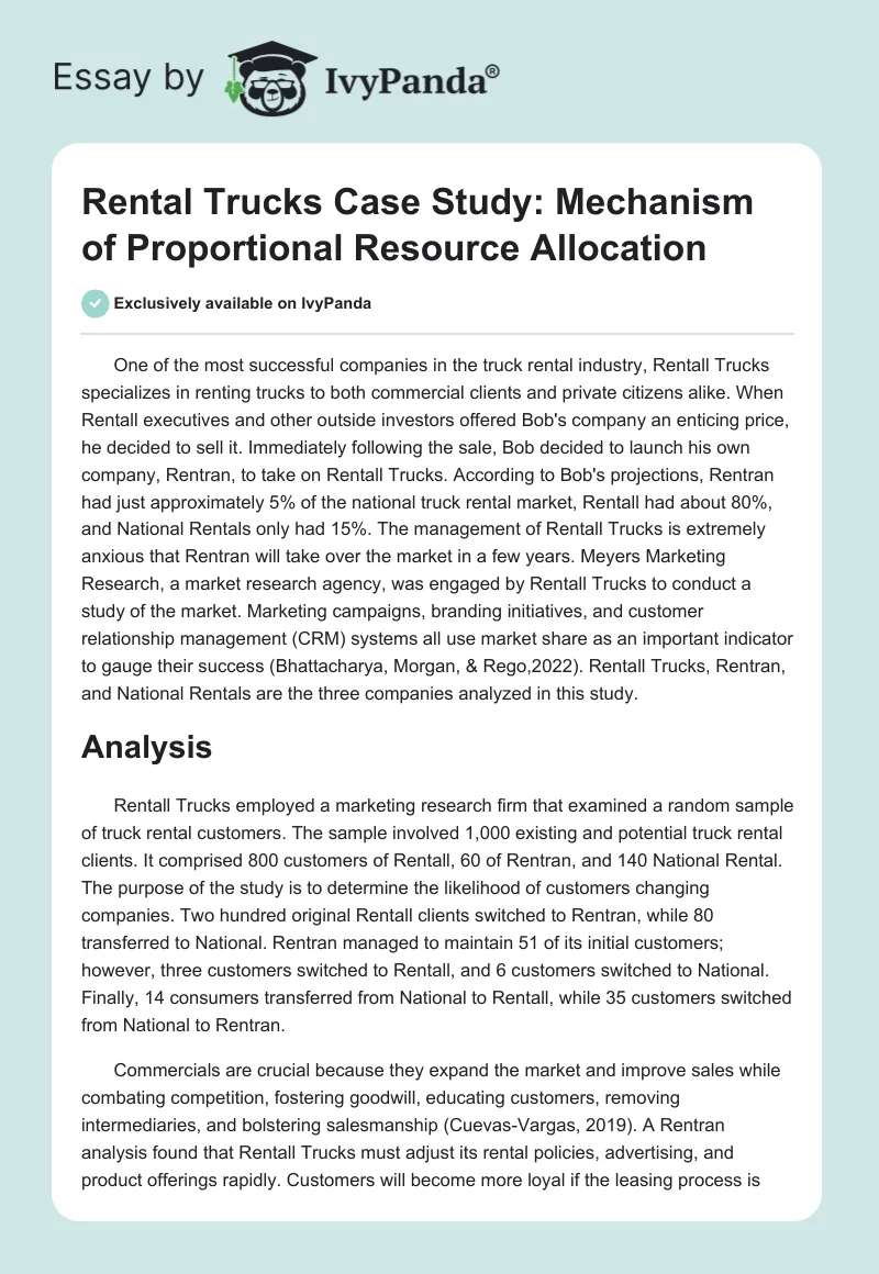 Rental Trucks Case Study: Mechanism of Proportional Resource Allocation. Page 1