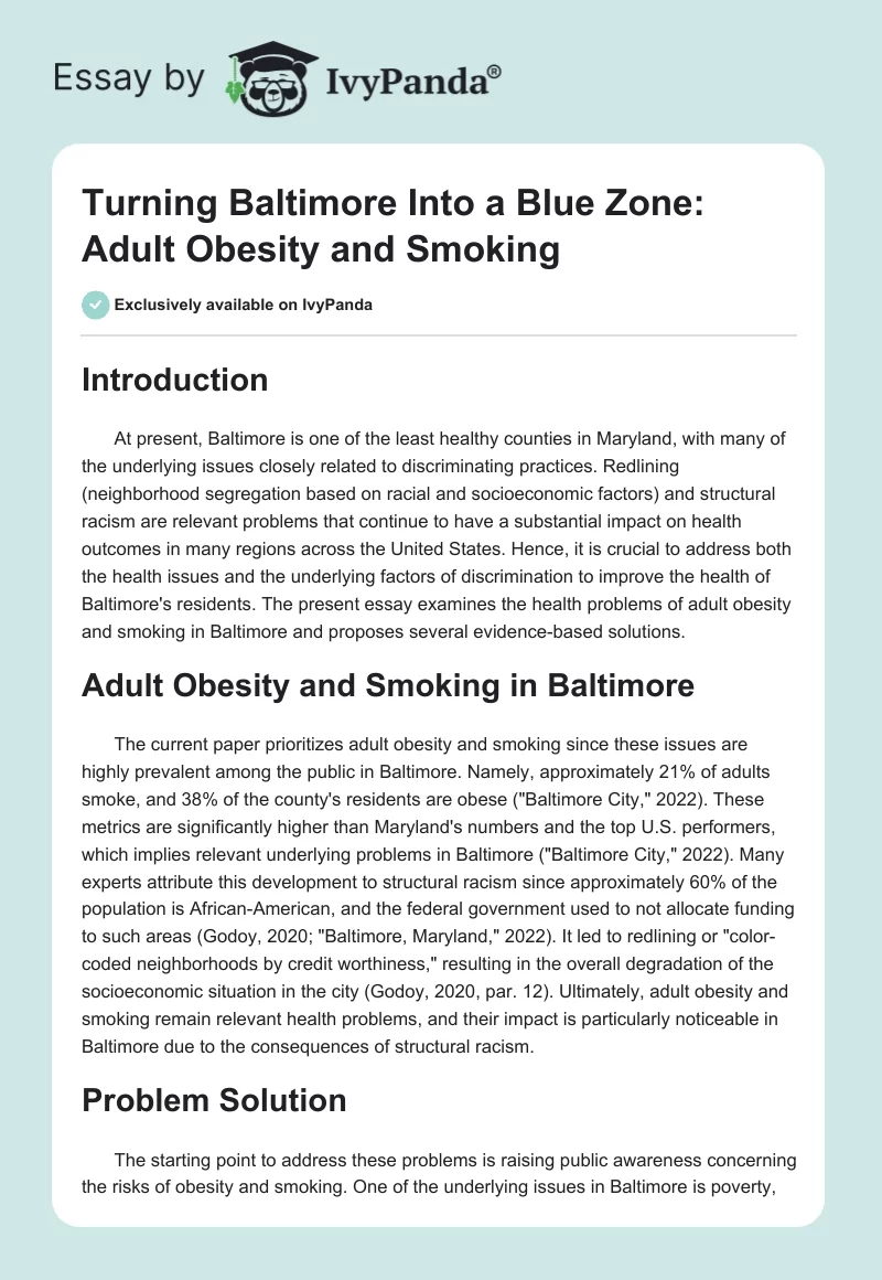 Turning Baltimore Into a Blue Zone: Adult Obesity and Smoking. Page 1