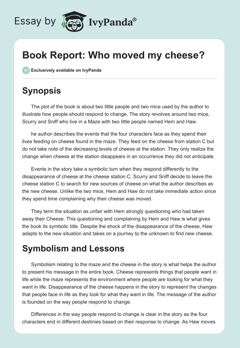 Book Report: Who moved my cheese?. Page 1