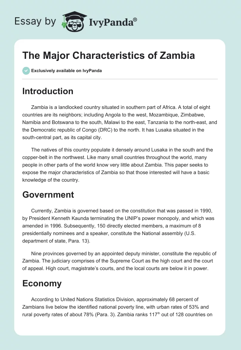 The Major Characteristics of Zambia. Page 1