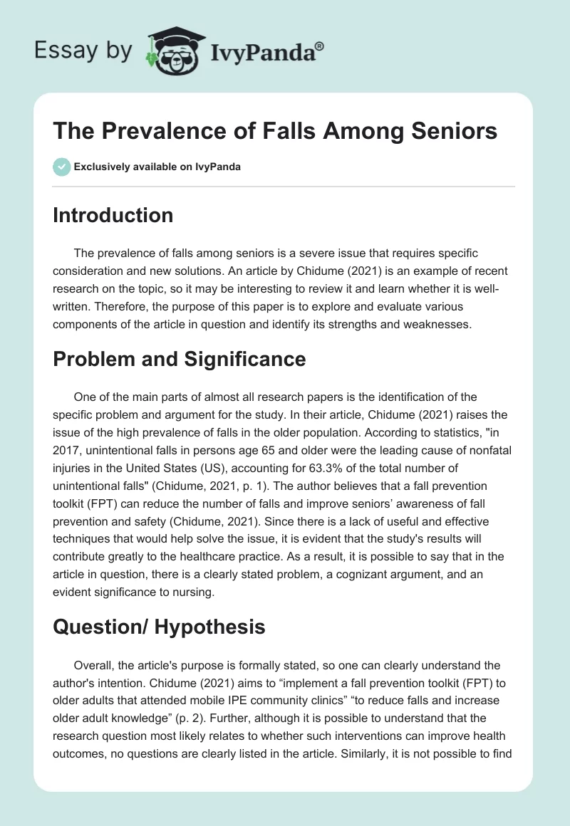 The Prevalence of Falls Among Seniors. Page 1