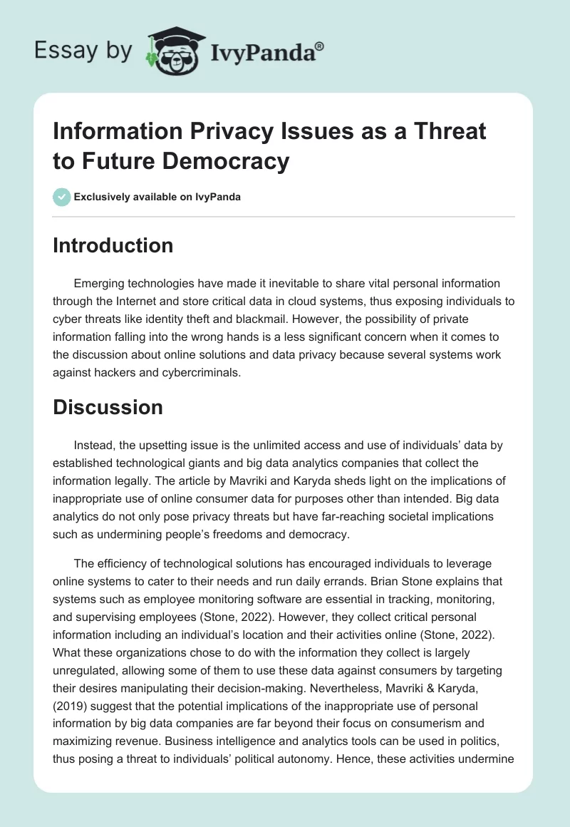 Information Privacy Issues as a Threat to Future Democracy. Page 1