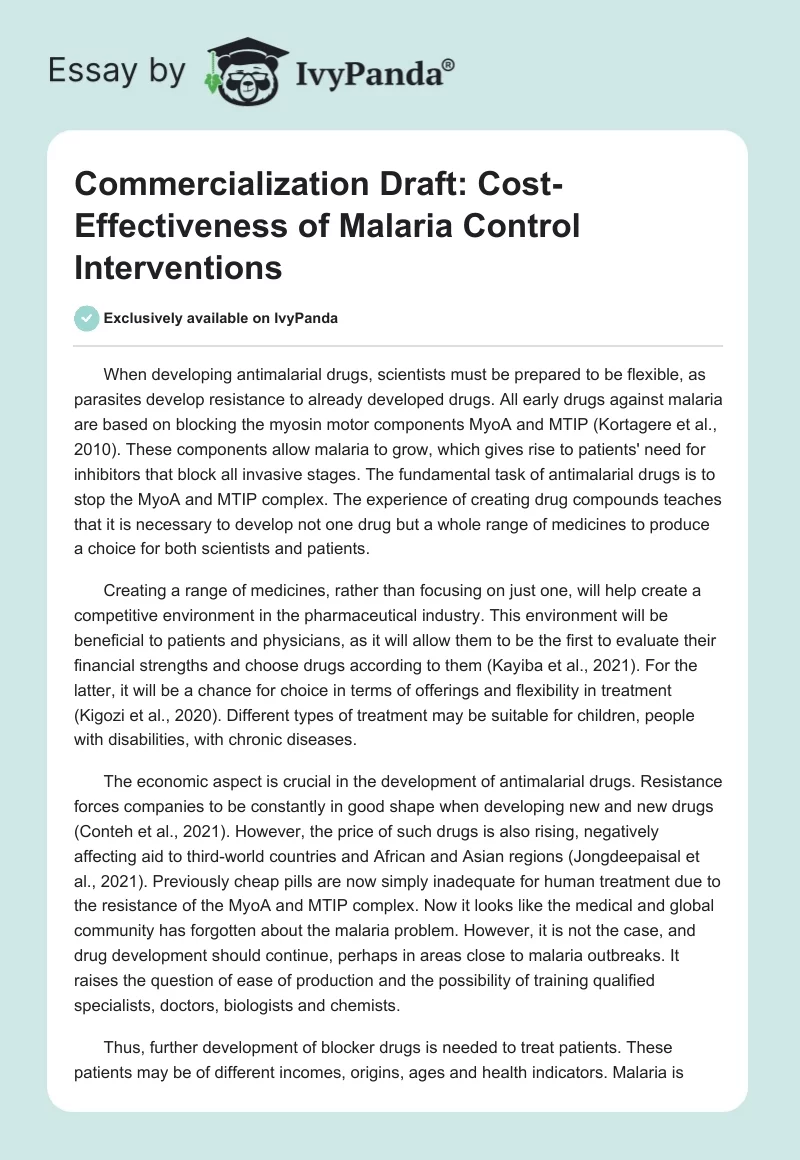 Commercialization Draft: Cost-Effectiveness of Malaria Control Interventions. Page 1