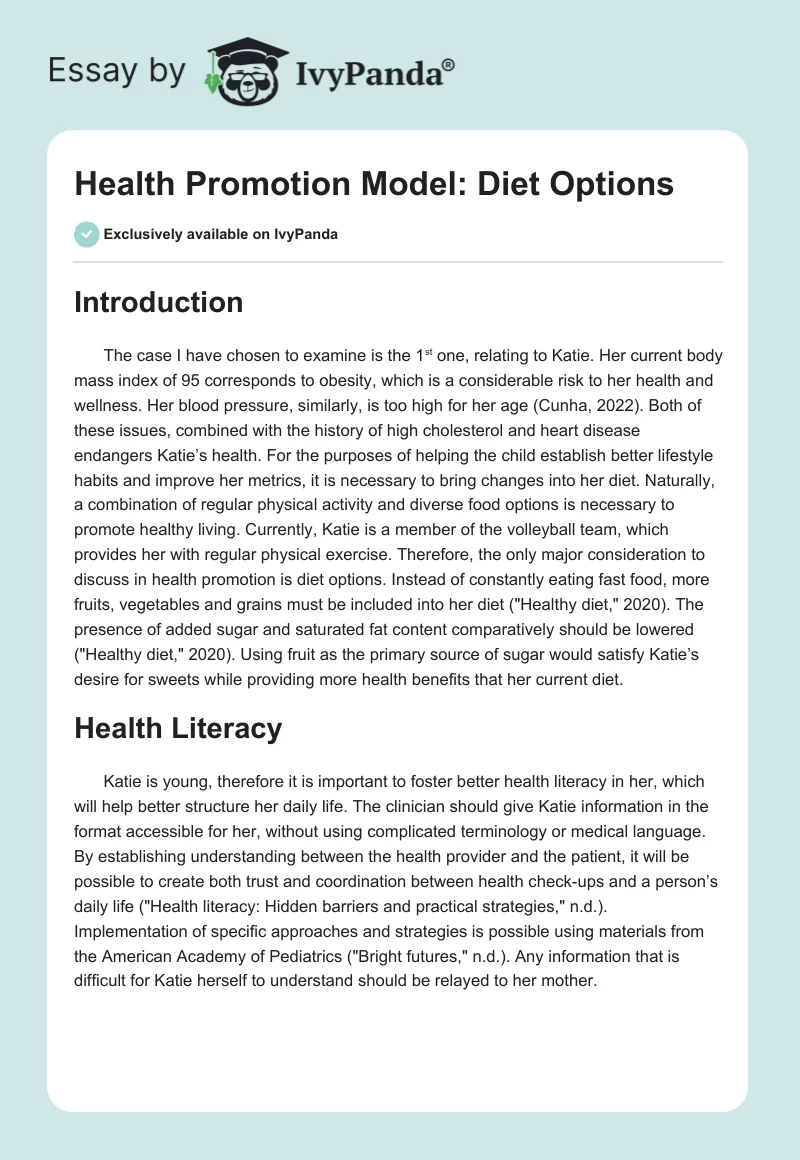 Health Promotion Model: Diet Options. Page 1