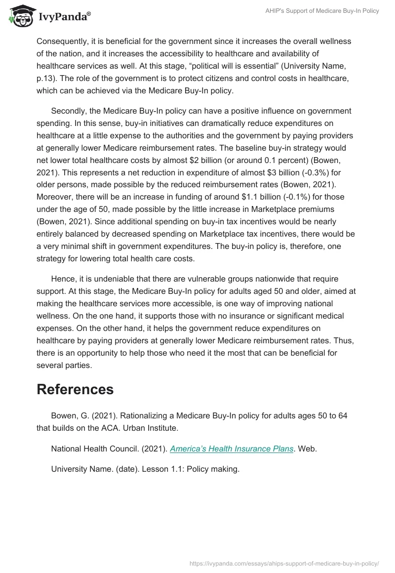 AHIP's Support of Medicare Buy-In Policy. Page 2