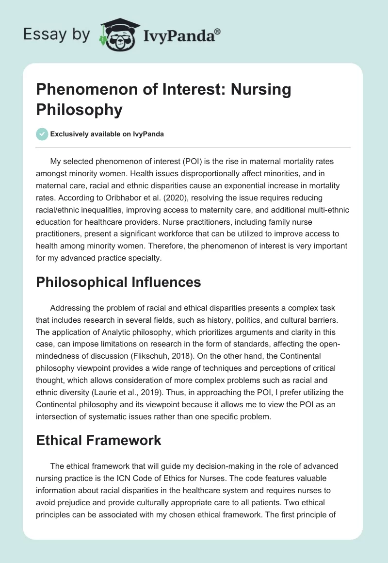 Phenomenon of Interest: Nursing Philosophy. Page 1